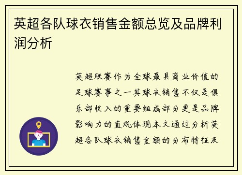 英超各队球衣销售金额总览及品牌利润分析