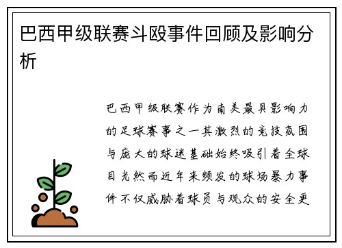 巴西甲级联赛斗殴事件回顾及影响分析
